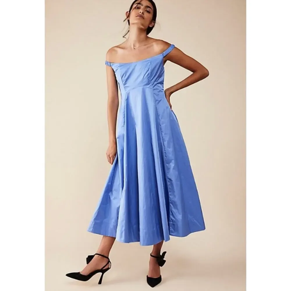 Free People Alinda Dress Ruched Off The Shoulder Fit and Flare Midi Size‎ 2 NWOT - Picture 6 of 7